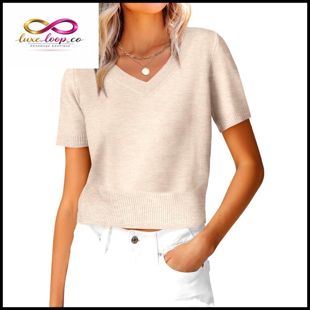 Cropped V-Neck Short Sleeve Sweater Lightweight Ribbed Knit Business‎ Casual